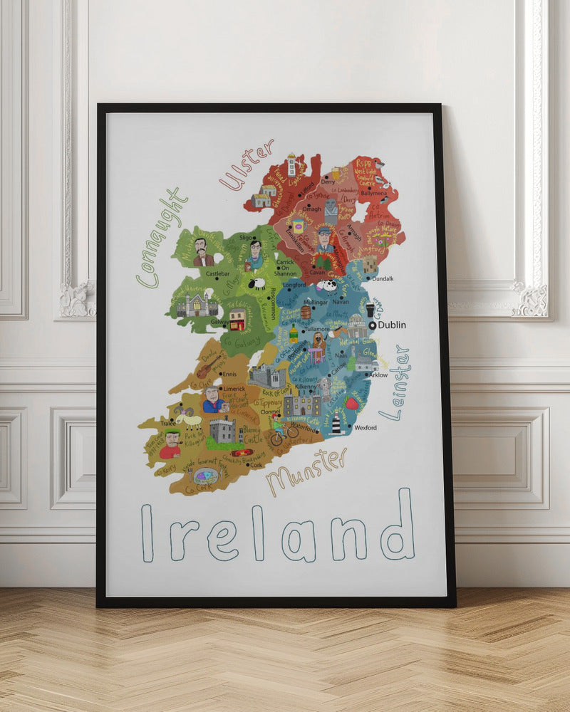 Illustrated Map of Ireland with Country Icons by Carla Daly - Stretched Canvas, Poster or Fine Art Print I Heart Wall Art