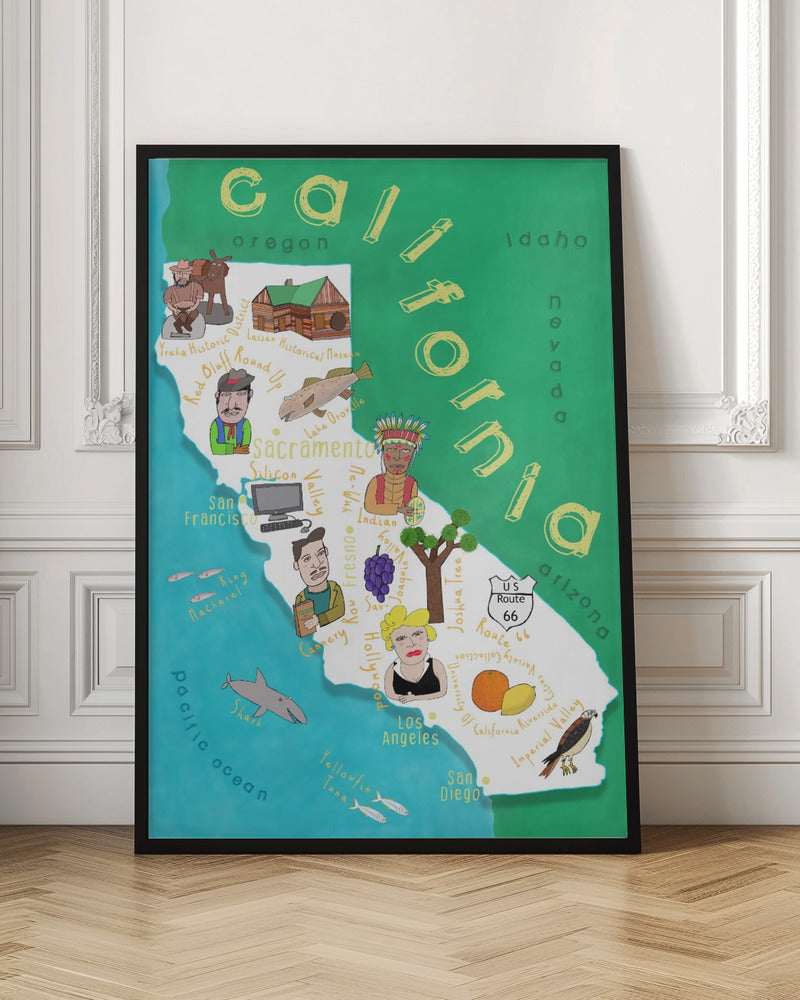 Illustrated Map of California with Ocean by Carla Daly - Stretched Canvas, Poster or Fine Art Print I Heart Wall Art