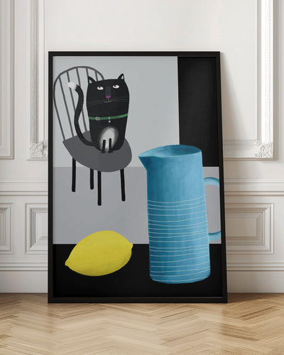 Cute Black Cat sitting on a Chair with Blue Vase and Lemon - Stretched Canvas, Poster or Fine Art Print I Heart Wall Art