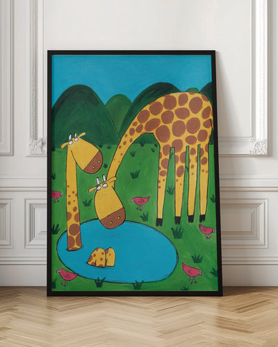 Mommy with Baby Giraffe in a Watering Hole by Artist Carla Daly - Stretched Canvas, Poster or Fine Art Print I Heart Wall Art