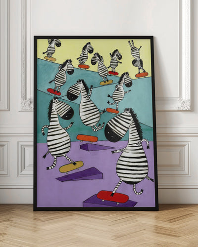 Hilarious Zebras in the Skatepark by Artist Carla Daly - Stretched Canvas, Poster or Fine Art Print I Heart Wall Art