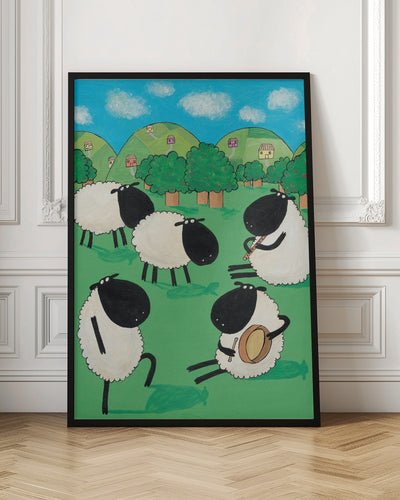 Funny Sheep Dancing in a Green Field by Artist Carla Daly - Stretched Canvas, Poster or Fine Art Print I Heart Wall Art