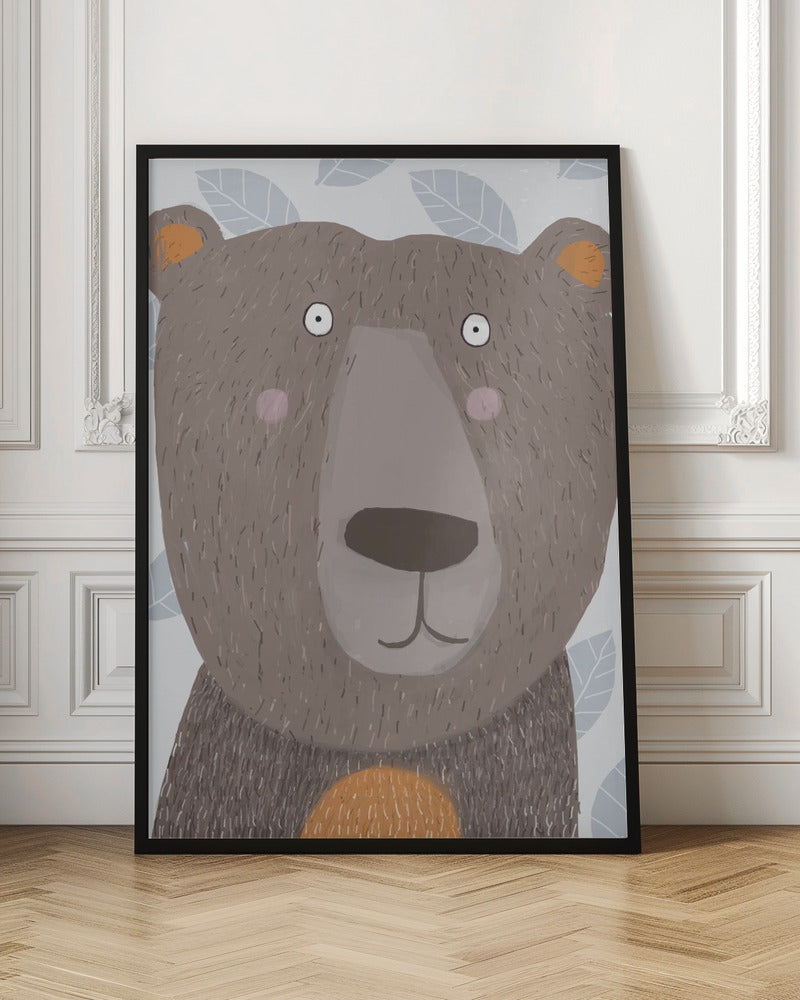 Cute Brown Bear with Grey Leaf Pattern by Artist Carla - Stretched Canvas, Poster or Fine Art Print I Heart Wall Art