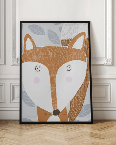 Cute Red Fox with Grey Leaf Pattern by Artist Carla Daly - Stretched Canvas, Poster or Fine Art Print I Heart Wall Art