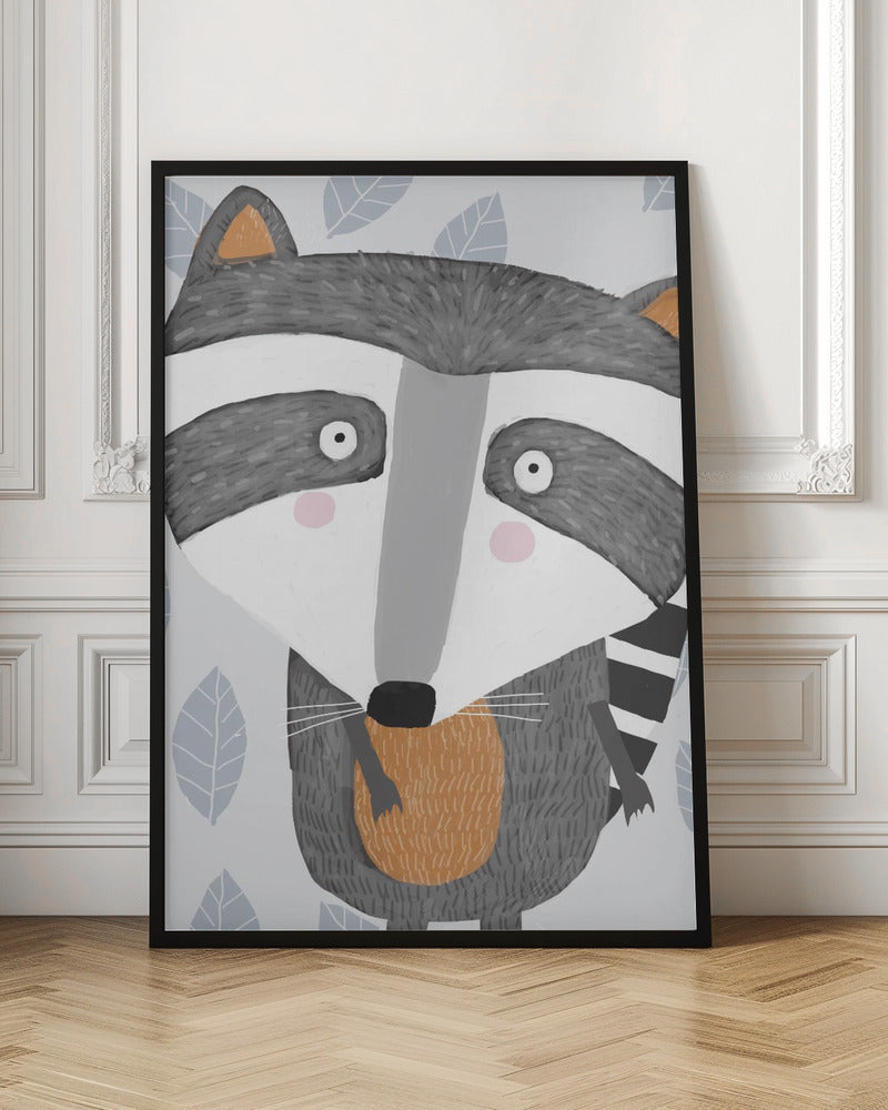 Cute Raccoon with Grey Leaf Pattern by Artist Carla Daly - Stretched Canvas, Poster or Fine Art Print I Heart Wall Art