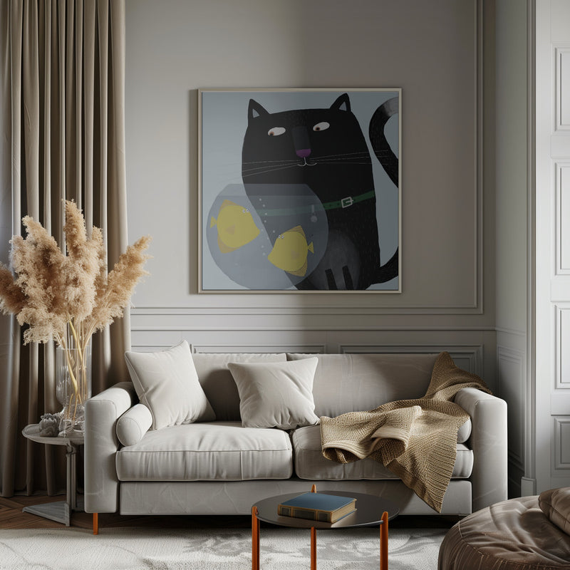 Black Cat Eyeing Up Yellow Fish in fish Bowl by Artist Carla Daly - Square Stretched Canvas, Poster or Fine Art Print I Heart Wall Art