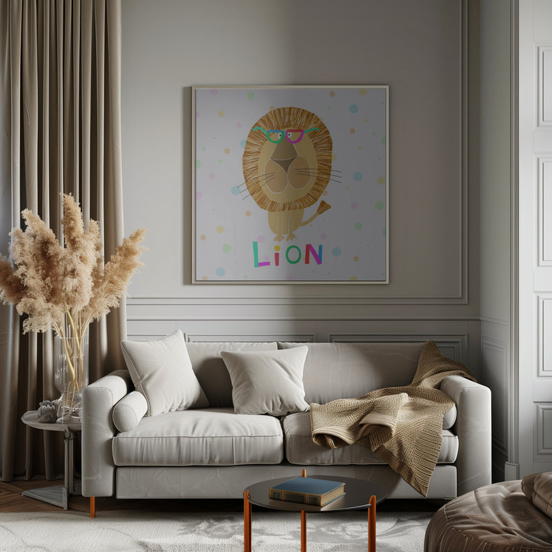 Funny Lion Wearing Glasses by Artist Carla Daly - Square Stretched Canvas, Poster or Fine Art Print I Heart Wall Art