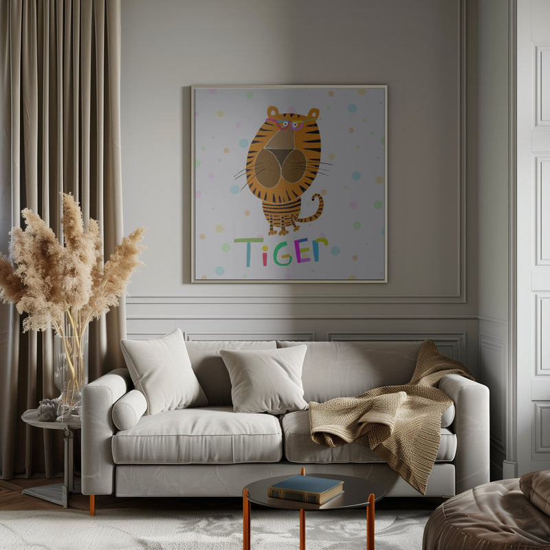 Happy Tiger Wearing Glasses by Illustrator Carla Daly - Square Stretched Canvas, Poster or Fine Art Print I Heart Wall Art