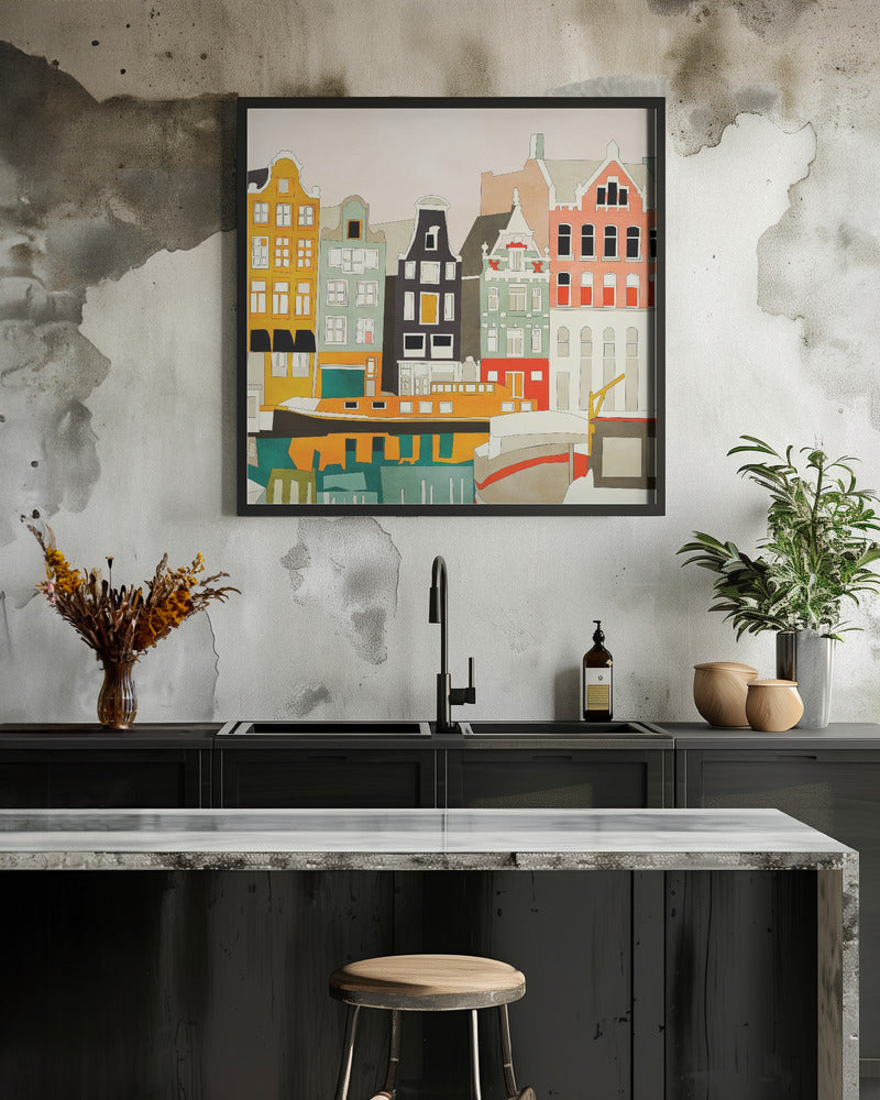 Amsterdam houses with ships, view 1 - Square Stretched Canvas, Poster or Fine Art Print I Heart Wall Art