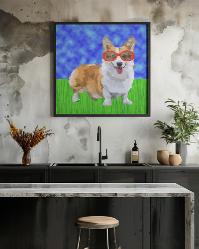 Corgi in Sunglasses - Square Stretched Canvas, Poster or Fine Art Print I Heart Wall Art