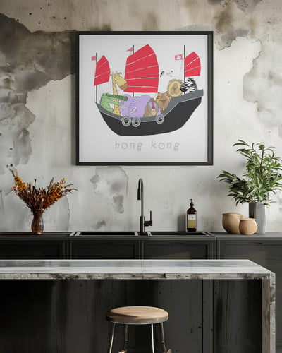 Jungle Animals Travelling in a Junk Boat in Hong Kong by Carla Daly - Square Stretched Canvas, Poster or Fine Art Print I Heart Wall Art