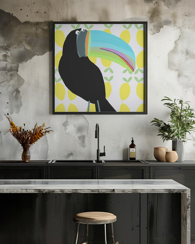 Tropical Toucan Bird with Lemon Pattern Background by Carla Daly - Square Stretched Canvas, Poster or Fine Art Print I Heart Wall Art