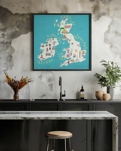 Map of UK and Ireland with Country Icons by Artist Carla Daly - Square Stretched Canvas, Poster or Fine Art Print I Heart Wall Art