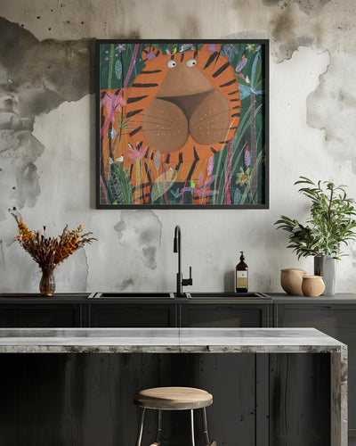 Cute Tiger Peeking Out of the Jungle by Artist Carla Daly - Square Stretched Canvas, Poster or Fine Art Print I Heart Wall Art