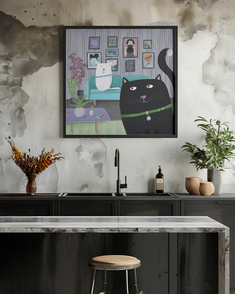 Black Cat and White Dog in Trendy Interior by Carla Daly - Square Stretched Canvas, Poster or Fine Art Print I Heart Wall Art