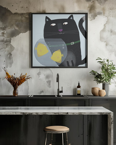 Black Cat Eyeing Up Yellow Fish in fish Bowl by Artist Carla Daly - Square Stretched Canvas, Poster or Fine Art Print I Heart Wall Art