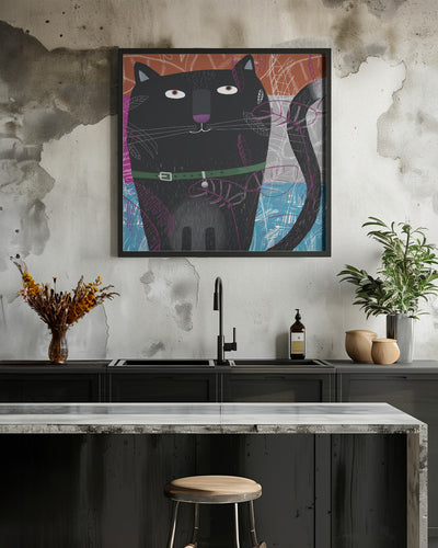 Black Cat with Falling Autumnal Leaves by Artist Carla - Square Stretched Canvas, Poster or Fine Art Print I Heart Wall Art