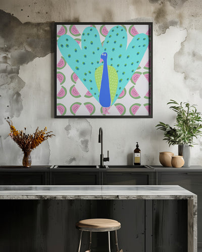 Electric Peacock with Watermelon Pattern by Artist Carla Daly - Square Stretched Canvas, Poster or Fine Art Print I Heart Wall Art