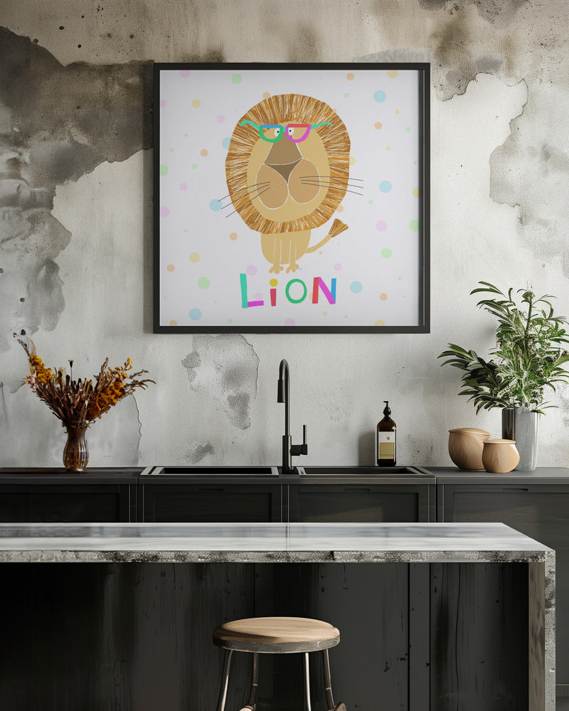 Funny Lion Wearing Glasses by Artist Carla Daly - Square Stretched Canvas, Poster or Fine Art Print I Heart Wall Art