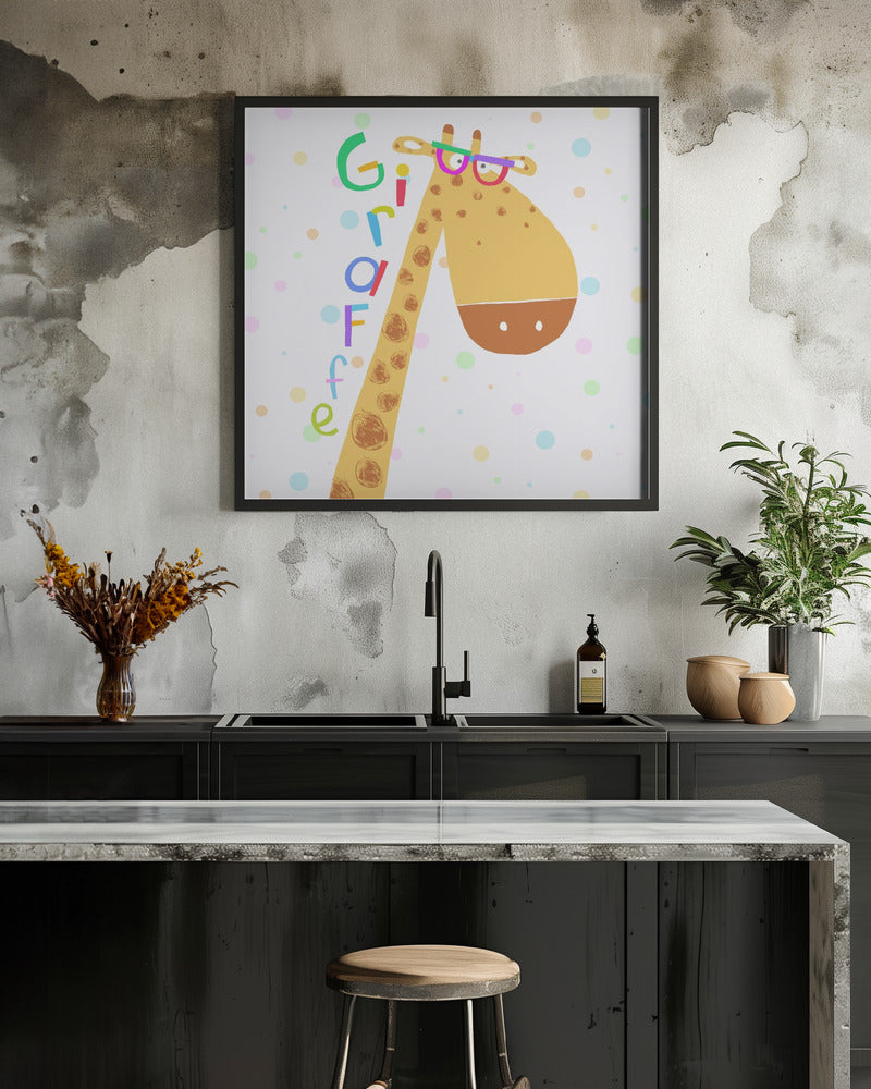 Cute Giraffe Wearing Glasses with Colorful Text by Carla Daly - Square Stretched Canvas, Poster or Fine Art Print I Heart Wall Art