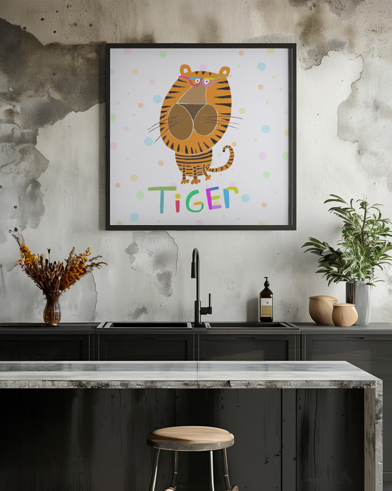 Happy Tiger Wearing Glasses by Illustrator Carla Daly - Square Stretched Canvas, Poster or Fine Art Print I Heart Wall Art