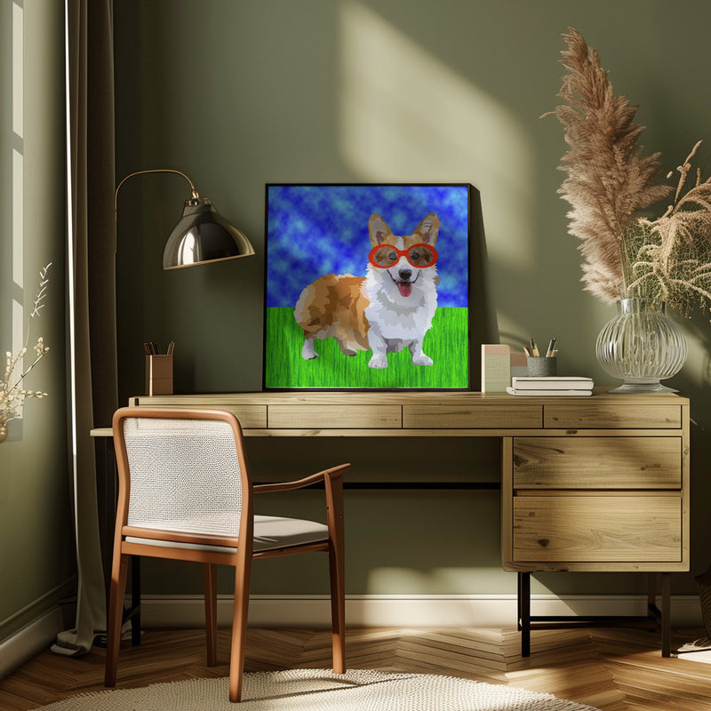 Corgi in Sunglasses - Square Stretched Canvas, Poster or Fine Art Print I Heart Wall Art