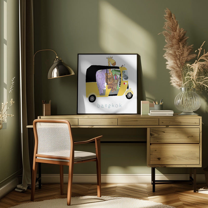 Jungle Animals Take a Ride in a Bangkok Tuk Tuk by Carla Daly - Square Stretched Canvas, Poster or Fine Art Print I Heart Wall Art