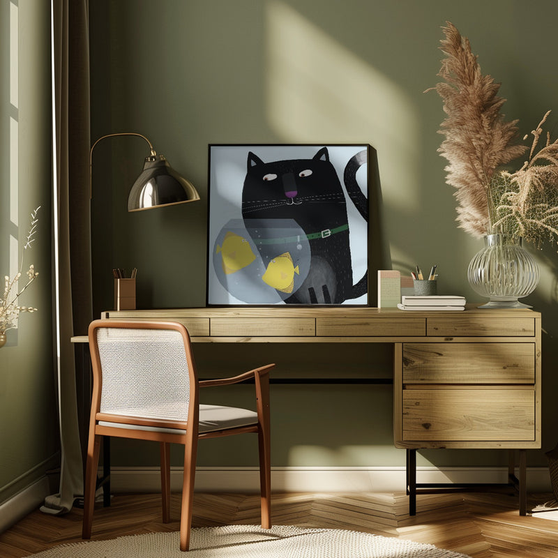 Black Cat Eyeing Up Yellow Fish in fish Bowl by Artist Carla Daly - Square Stretched Canvas, Poster or Fine Art Print I Heart Wall Art