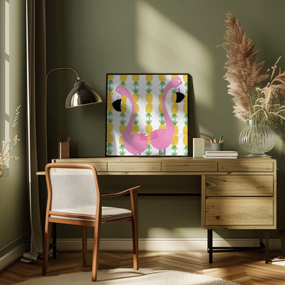 Two Falmingos with Pineapples by Artist Carla Daly - Square Stretched Canvas, Poster or Fine Art Print I Heart Wall Art