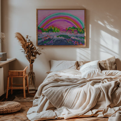 Countryside Rainbow On Pink - Stretched Canvas, Poster or Fine Art Print I Heart Wall Art