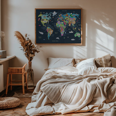 Educational Illustrated Map of the World for Kids - Stretched Canvas, Poster or Fine Art Print I Heart Wall Art