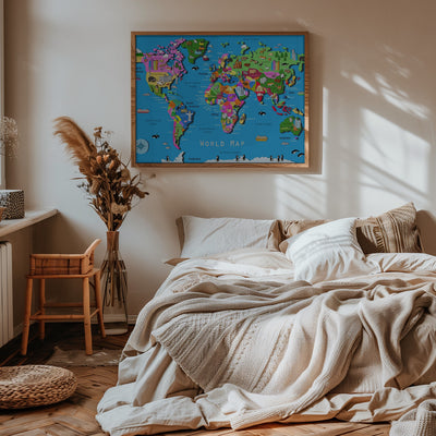 Illustrated World Map with Countries and Continents by Carla Daly - Stretched Canvas, Poster or Fine Art Print I Heart Wall Art