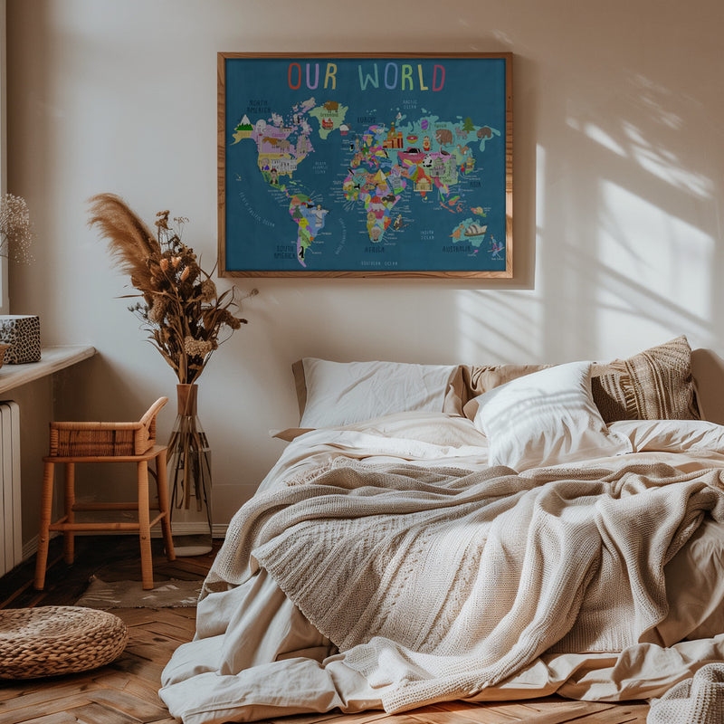 Our World Illustrated World Map for Kids - Stretched Canvas, Poster or Fine Art Print I Heart Wall Art