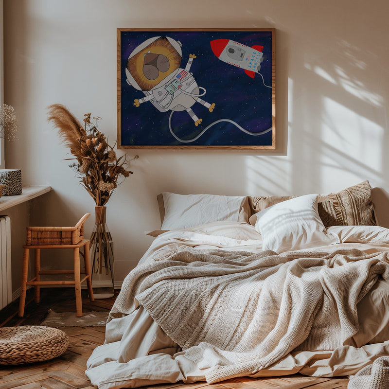 Funny Lion Astronaut is Swirling in Space by Artist Carla Daly - Stretched Canvas, Poster or Fine Art Print I Heart Wall Art