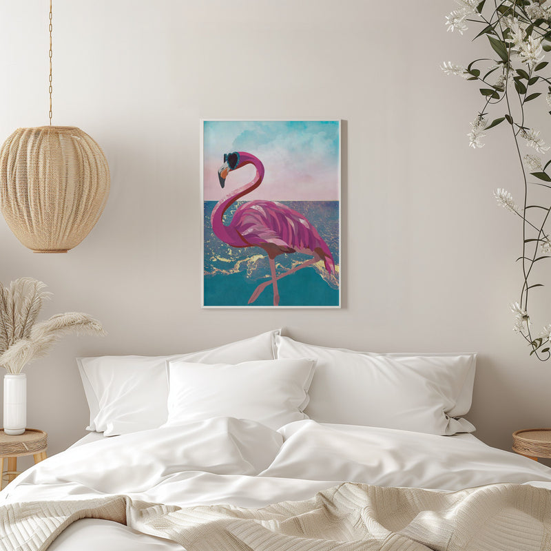 Flamingo goes to the beach - Stretched Canvas, Poster or Fine Art Print I Heart Wall Art