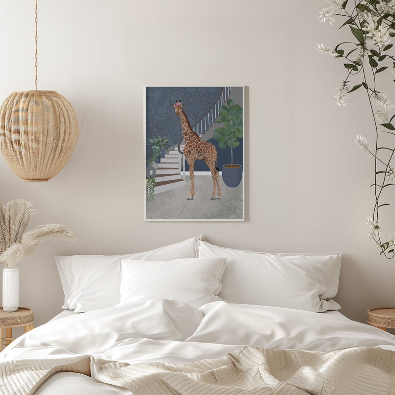 Giraffe by the stairs - Stretched Canvas, Poster or Fine Art Print I Heart Wall Art