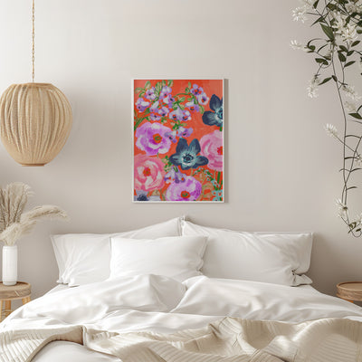 Blue Anemones On Red - Stretched Canvas, Poster or Fine Art Print I Heart Wall Art