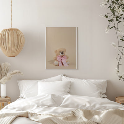 Teddy Bear with Pink Bow - Stretched Canvas, Poster or Fine Art Print I Heart Wall Art