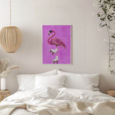 Pink Flamingo Roller Skating - Stretched Canvas, Poster or Fine Art Print I Heart Wall Art