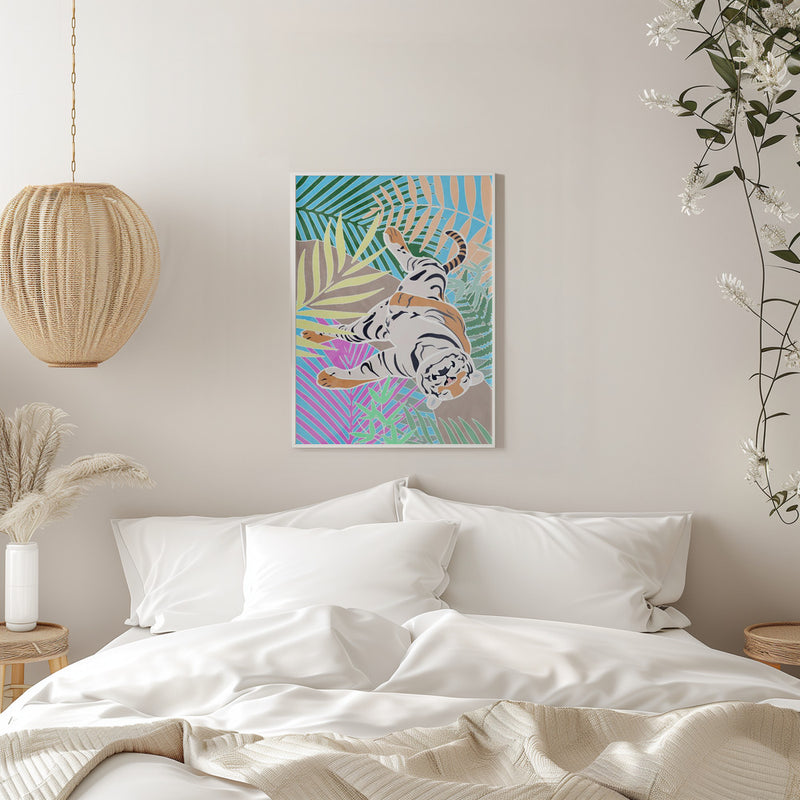 Tiger Sleepling in colourful jungle - Stretched Canvas, Poster or Fine Art Print I Heart Wall Art