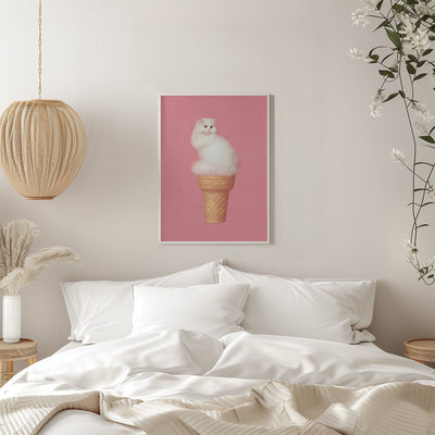 Cat Ice Cream - Pink - Stretched Canvas, Poster or Fine Art Print I Heart Wall Art