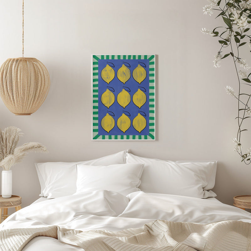 Vibrant Yellow Lemons on a Deep Blue - Stretched Canvas, Poster or Fine Art Print I Heart Wall Art