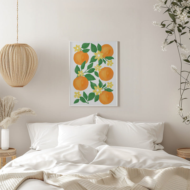 Oranges with Green Leaves and Delicate Yellow Flowers - Stretched Canvas, Poster or Fine Art Print I Heart Wall Art
