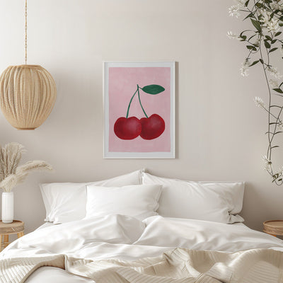 Red Cherries with a Green Leaf - Stretched Canvas, Poster or Fine Art Print I Heart Wall Art