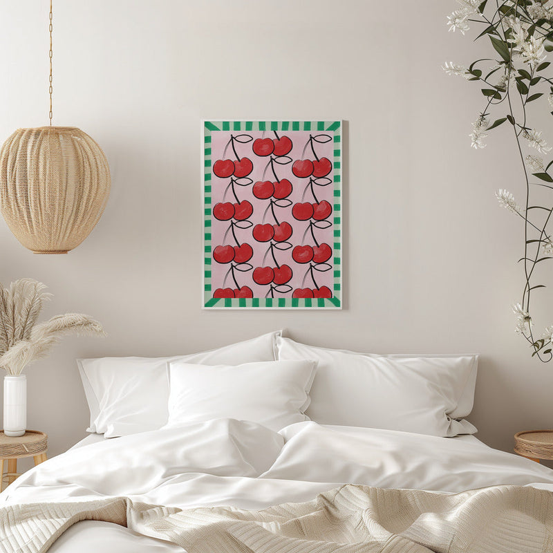 Red Cherries on a Pink - Stretched Canvas, Poster or Fine Art Print I Heart Wall Art
