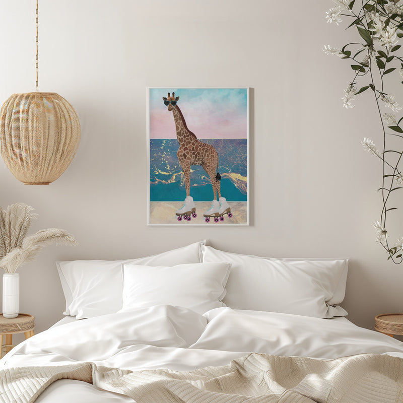 Giraffe On Holiday rollerskating - Stretched Canvas, Poster or Fine Art Print I Heart Wall Art