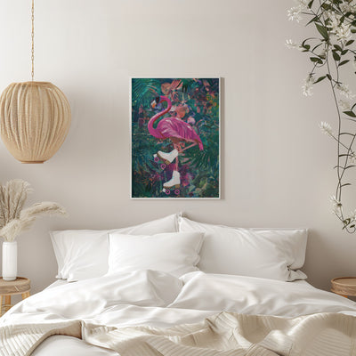 Tropical Floral Jungle - FLamingo rollerskating - Stretched Canvas, Poster or Fine Art Print I Heart Wall Art