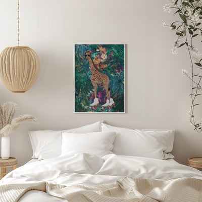 Tropical Floral Jungle - Giraffe rollerskating - Stretched Canvas, Poster or Fine Art Print I Heart Wall Art