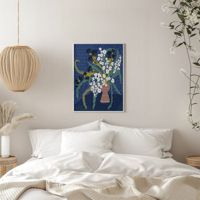 Floral Contemporary Still Life Dark Blue - Stretched Canvas, Poster or Fine Art Print I Heart Wall Art