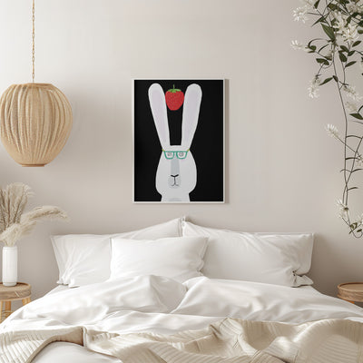 Cute White Rabbit with Strawberry by Artist Carla Daly - Stretched Canvas, Poster or Fine Art Print I Heart Wall Art